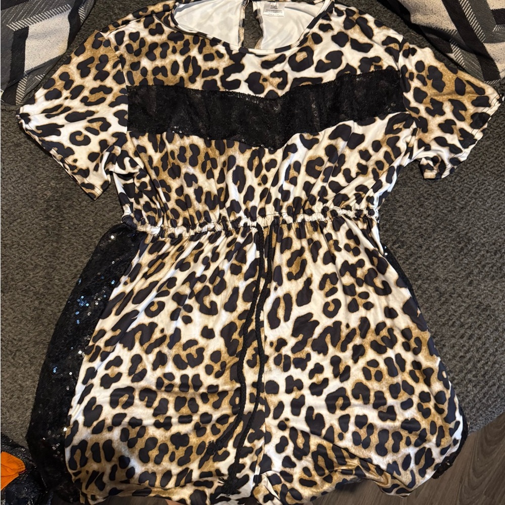 Leopard Print Romper with Black Sequins Detail